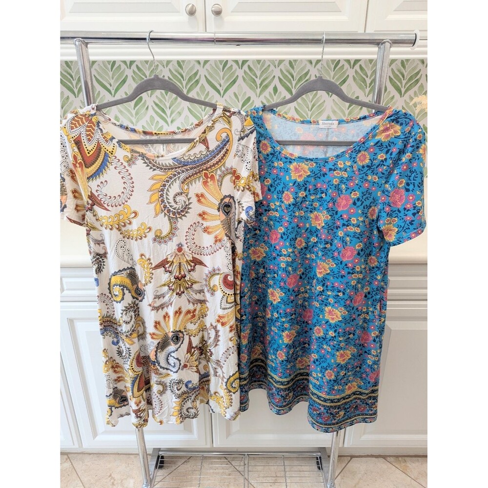 Cream Paisley Dress/ Blue Floral Dress with Pockets Large